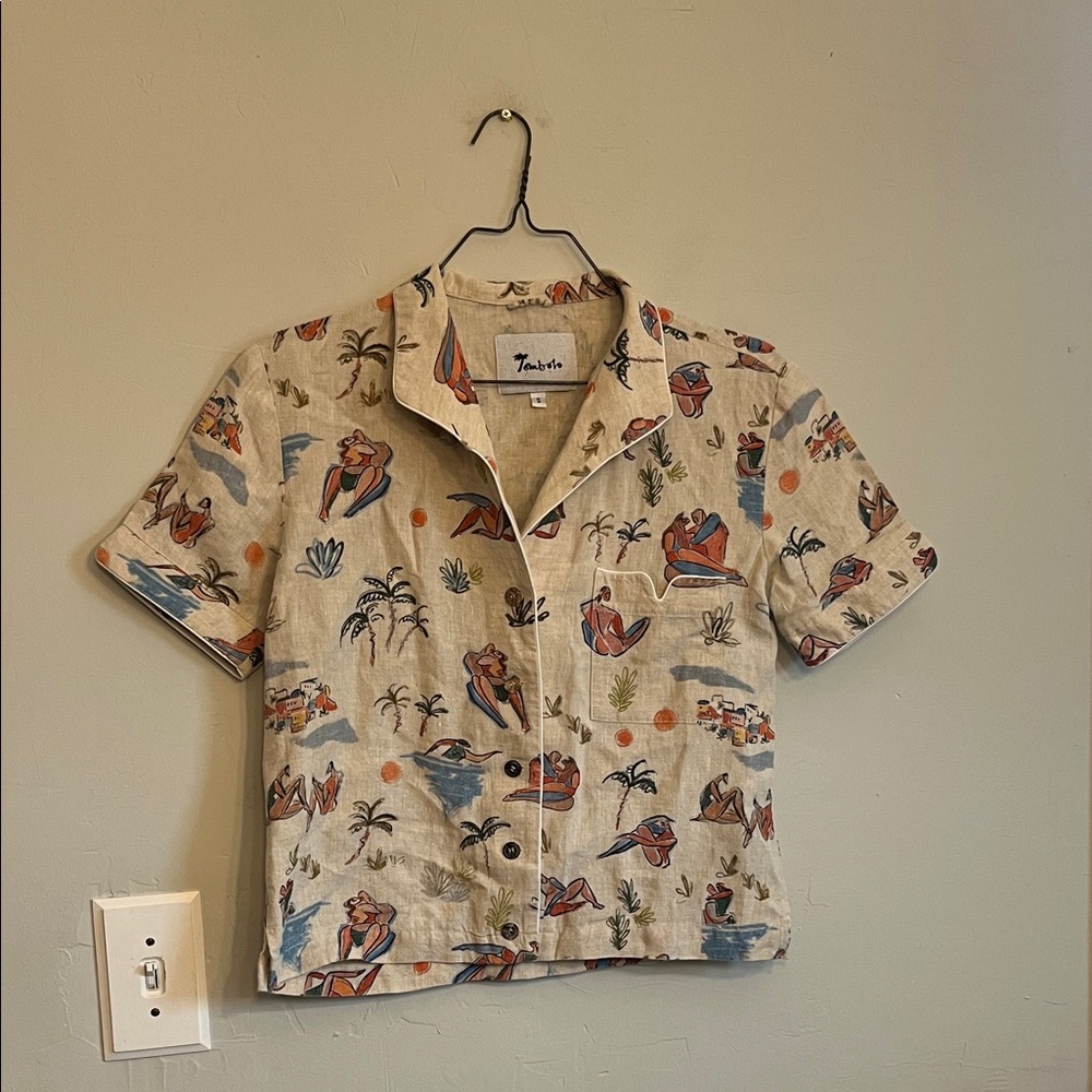 Tombolo size small beige, white trim and orange and blue multi print linen shirt